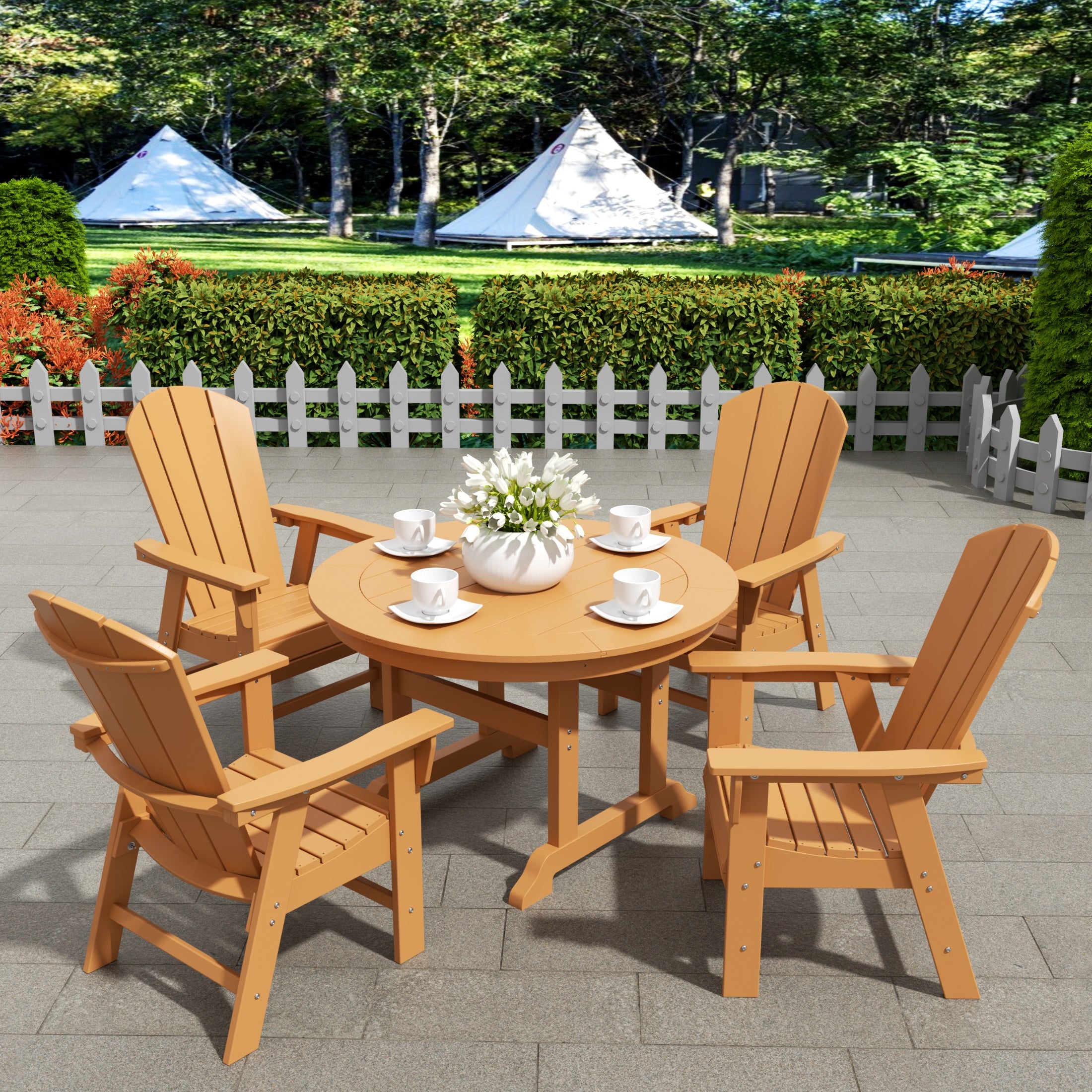 Malibu 5 Piece Outdoor Patio Dining Round Table and Curved Back Armchair Set