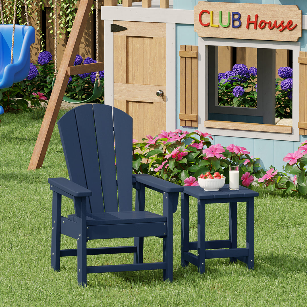 Malibu 2-Piece Kids Outdoor HDPE Adirondack Chair With Square Side Table Set