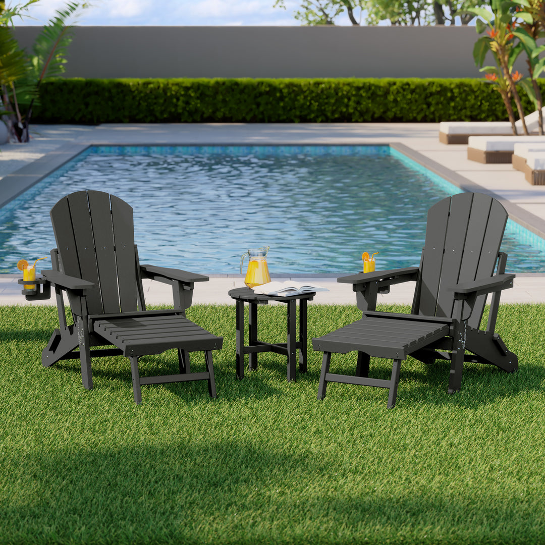 Malibu 3-Piece Outdoor Folding Adjustable Adirondack Chair with Cup Holder & Hideaway Ottoman and 18" Side Table