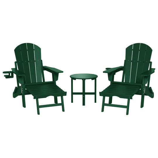 Malibu 3-Piece Outdoor Folding Adjustable Adirondack Chair with Cup Holder & Hideaway Ottoman and 18" Side Table