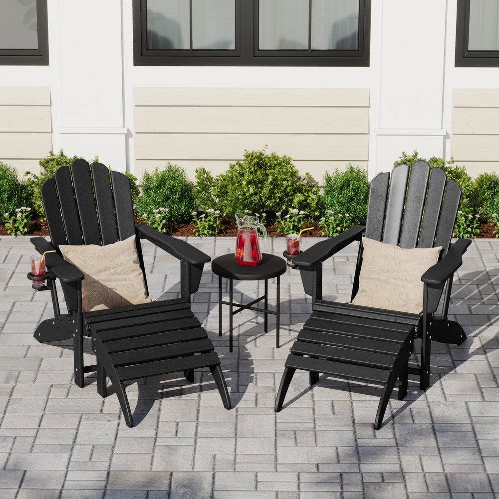 Highland 4-Piece Outdoor Patio HDPE Adirondack Chairs With Ottomans and Cup Holder Set