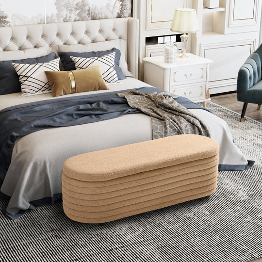 Alexandria 54" Wide Mid-Century Modern Upholstered Teddy Sherpa Tufted Oval Storage Ottoman Bench