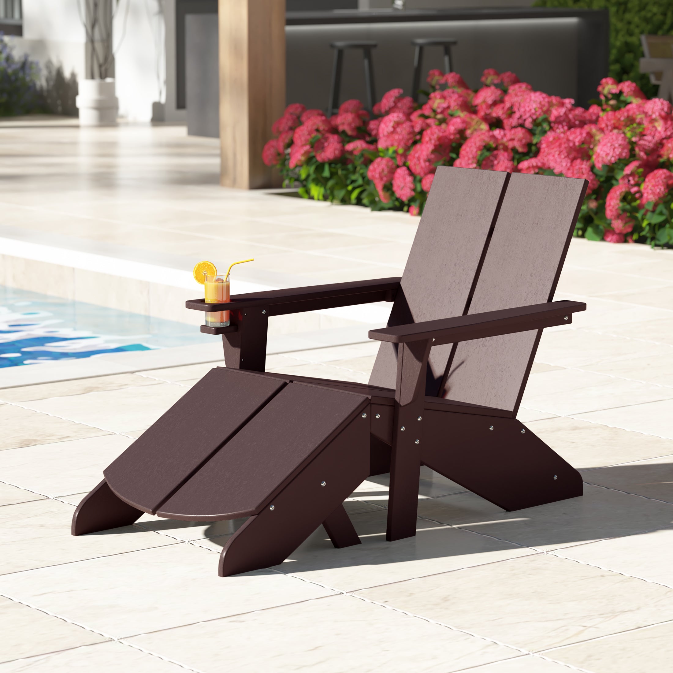 Riviera Outdoor HDPE Modern Adirondack Chair with Folding Patio Ottoman and Cup Holder