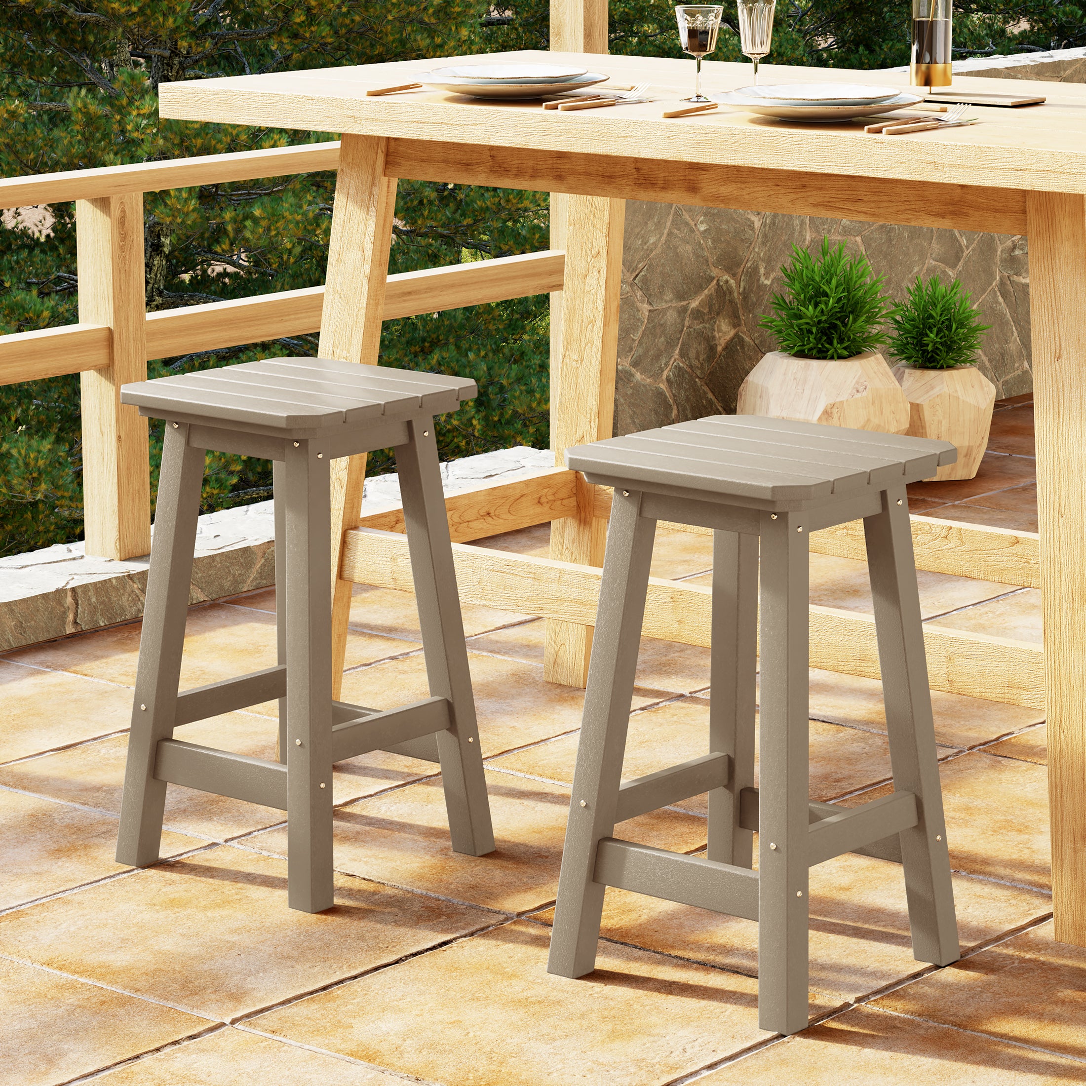 Malibu 24" HDPE Outdoor Patio Counter High Backless Square Bar Stools Set of 2