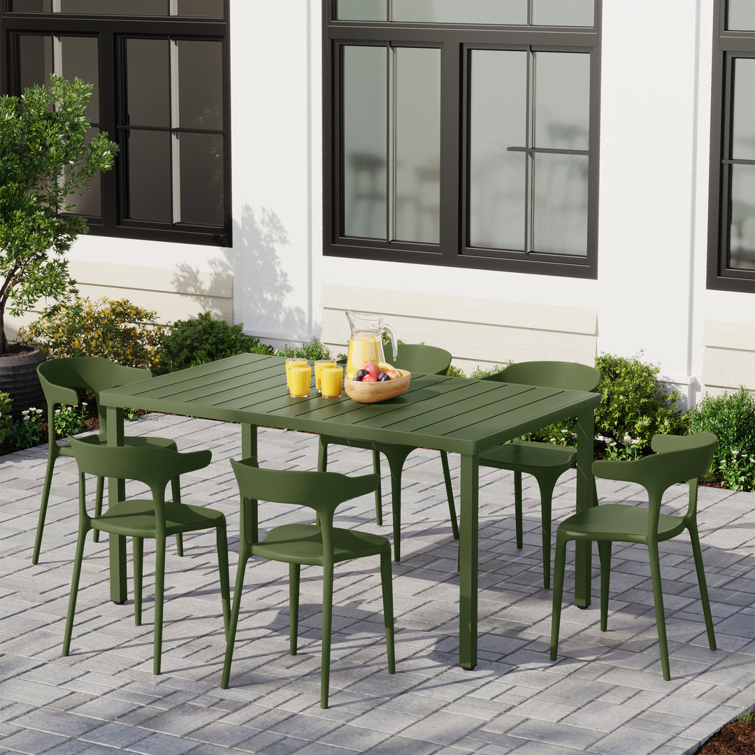 Playa 7-Piece Outdoor Metal Rectangle Patio Dining Table Set With Stackable Plastic Dining Chairs For 6