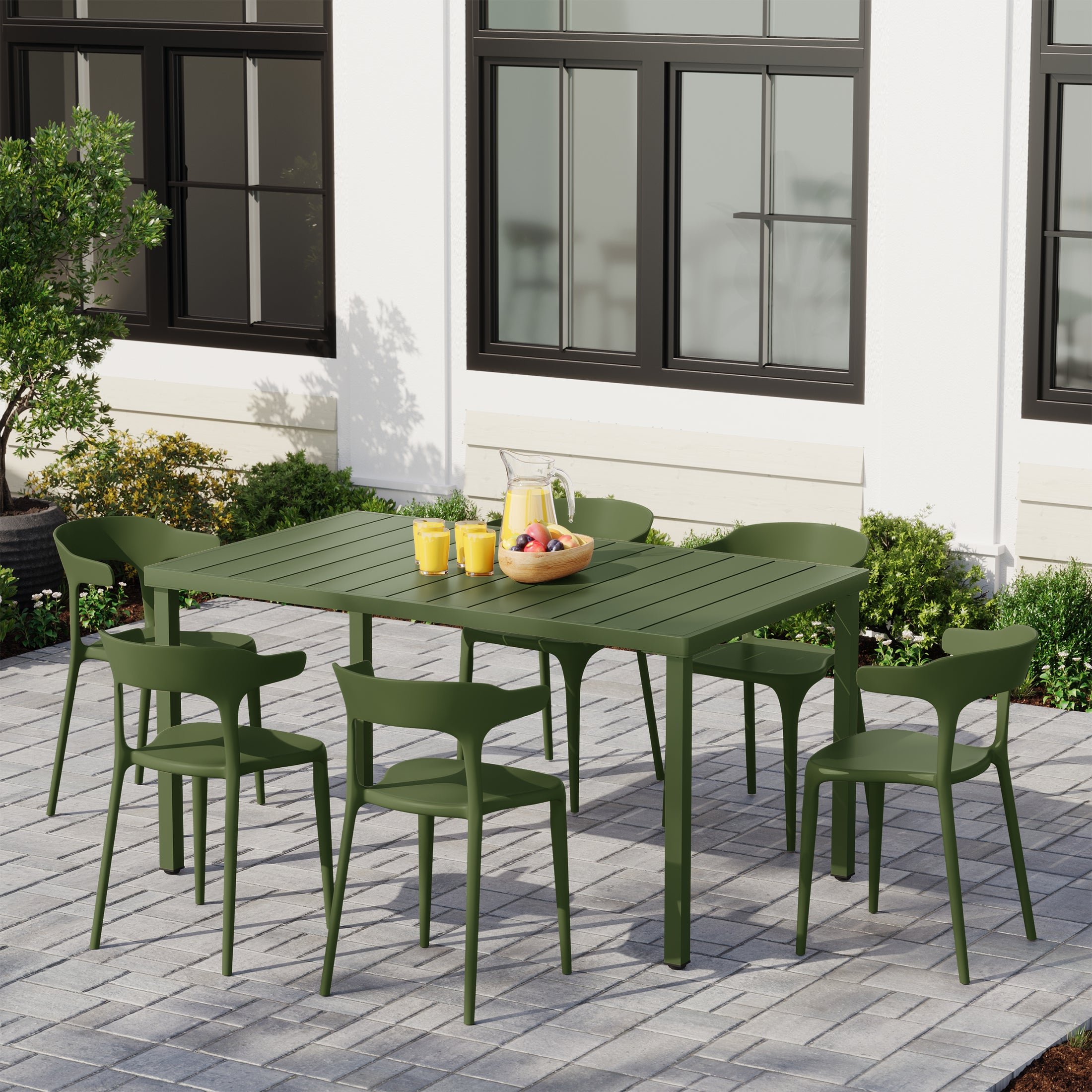 Playa 7-Piece Outdoor Metal Rectangle Patio Dining Table Set With Stackable Plastic Dining Chairs For 6