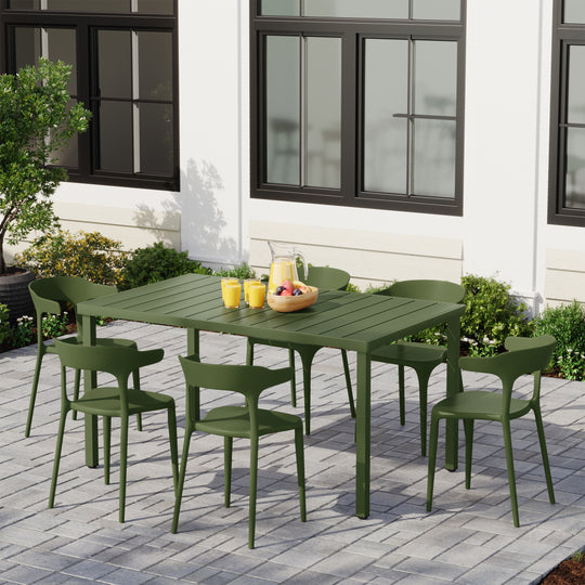 Playa 7-Piece Outdoor Metal Rectangle Patio Dining Table Set With Stackable Plastic Dining Chairs For 6