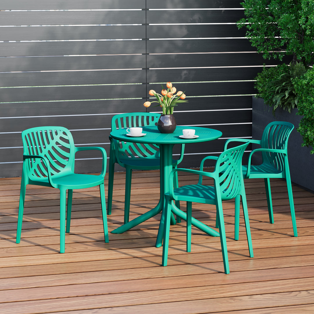 Playa 5-Piece Outdoor Resin Round Patio Dining Table Set with Modern Stackable Patio Dining Chairs