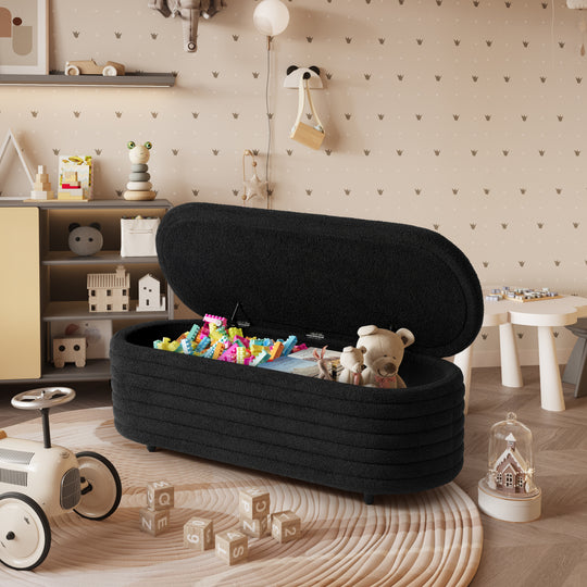 Alexandria 54" Wide Mid-Century Modern Upholstered Teddy Sherpa Tufted Oval Storage Ottoman Bench