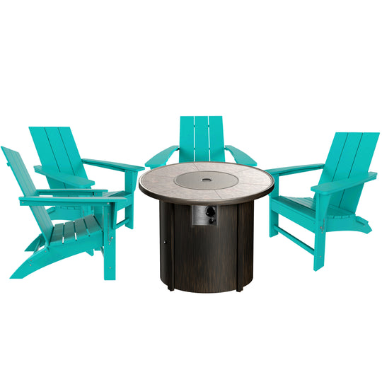 Ashore Modern Folding Poly Adirondack Chair With Round Fire Pit Table