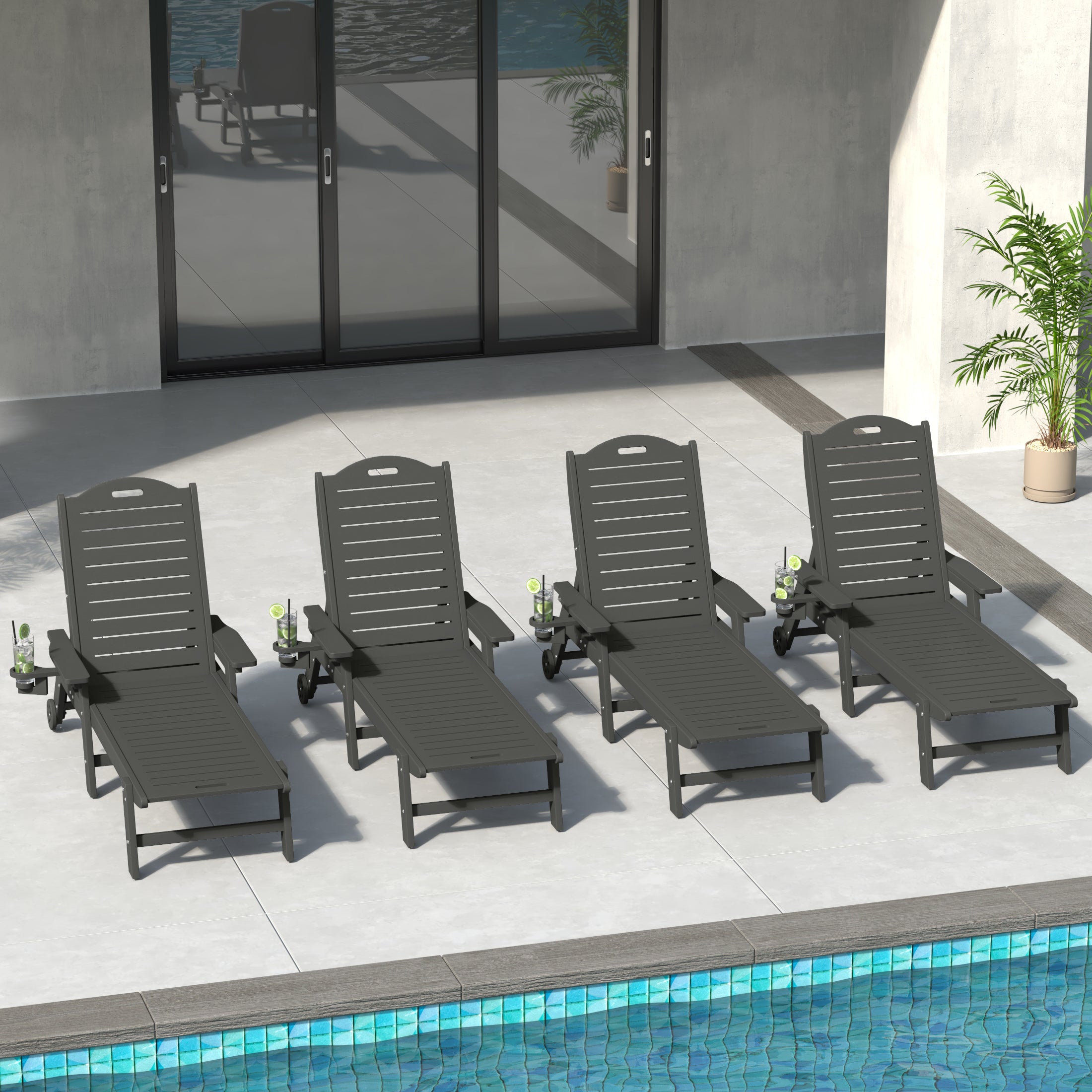 Aruba Outdoor HDPE Patio Chaise Lounges With Wheels & Cup Holder (Set of 4)