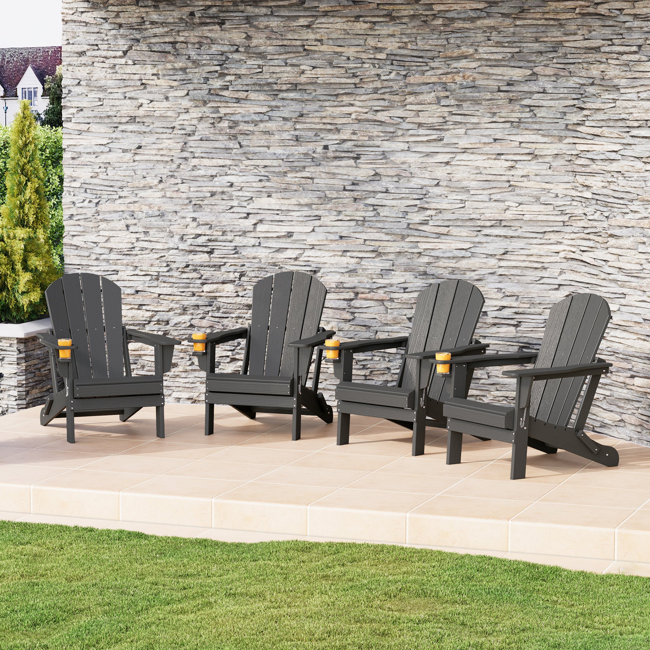 Nantucket Outdoor Patio HDPE Resin Folding Adirondack Chairs With Cup Holder and Phone Holder (Set of 4)