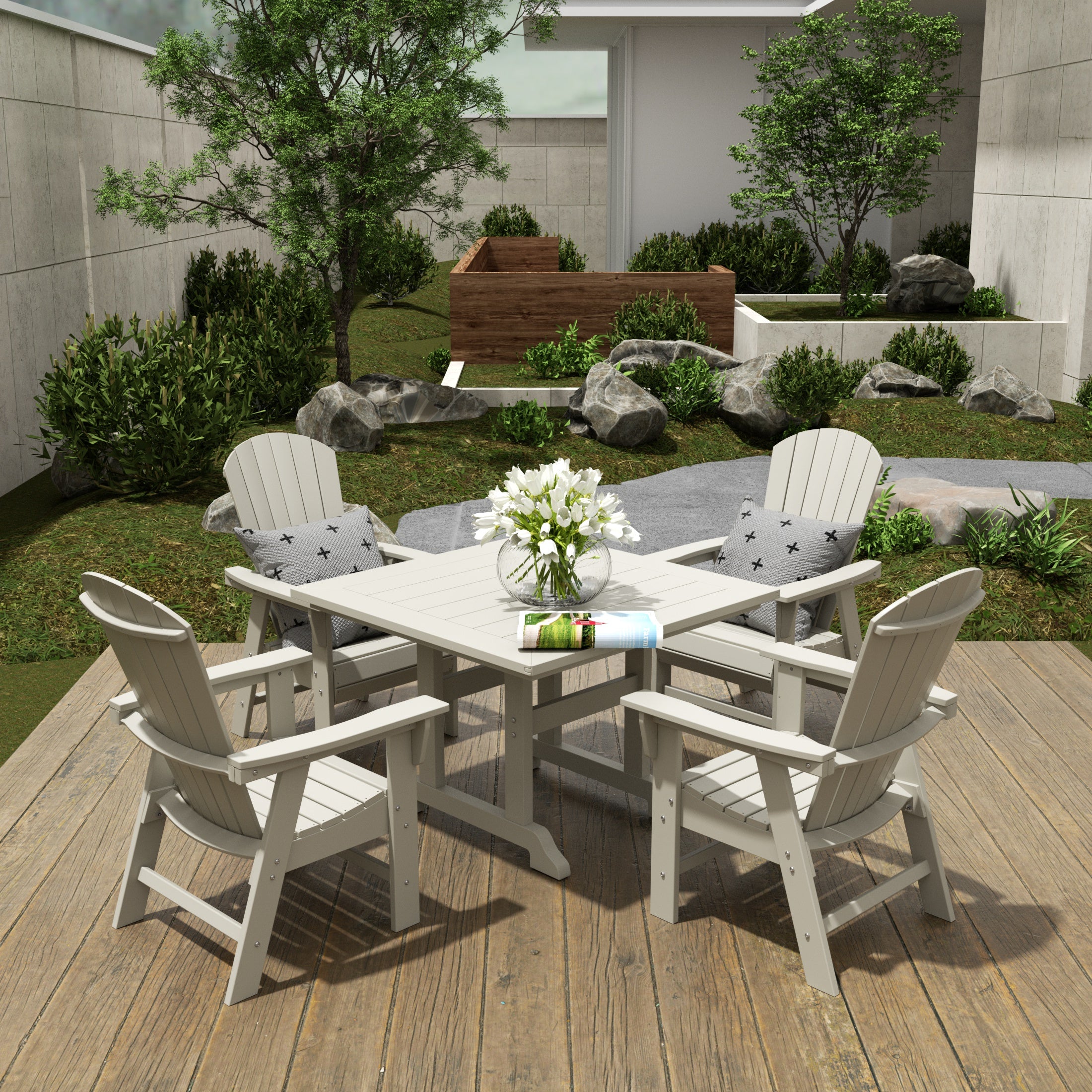 Dylan 5 Piece Outdoor Patio Dining Square Table and Shell Back Armchair Set