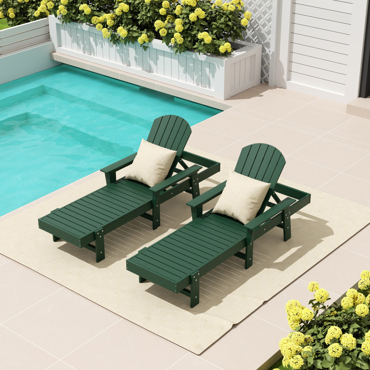 Dylan Adirondack reclining chaise lounge with arms in Dark Green styled outdoors