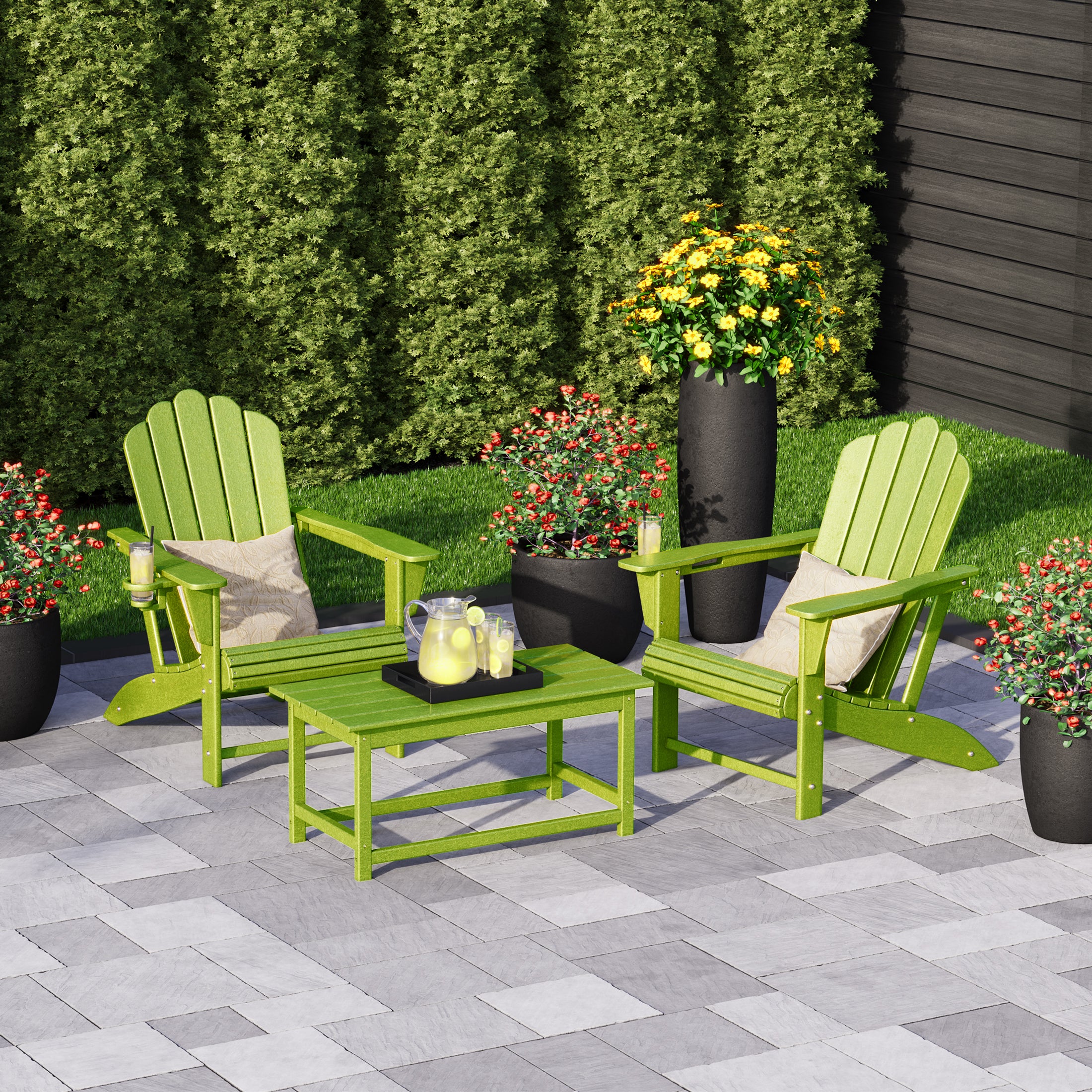 Highland 3-Piece Adirondack Chairs with Cup Holders and Coffee Table Set