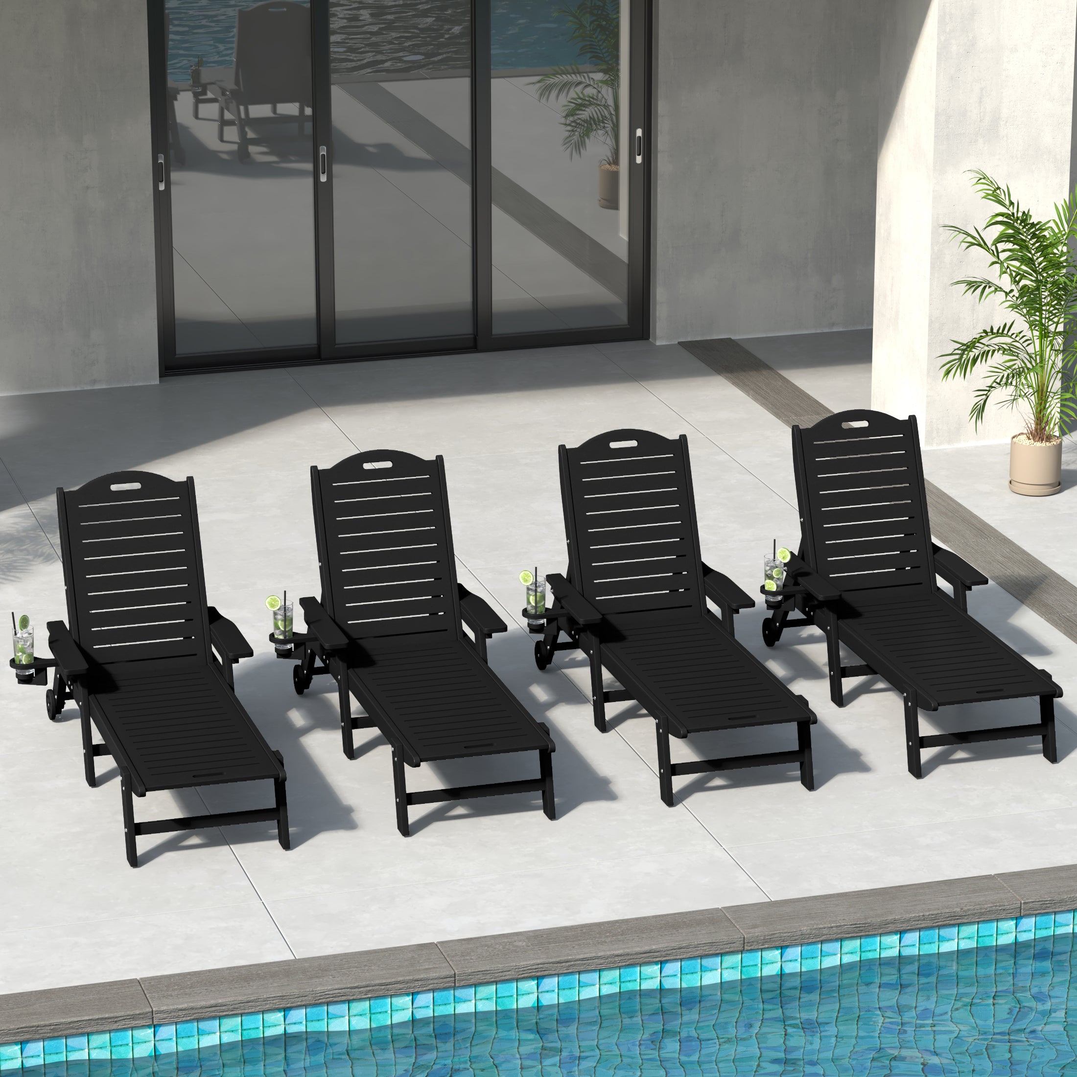 Aruba Outdoor HDPE Patio Chaise Lounges With Wheels & Cup Holder (Set of 4)