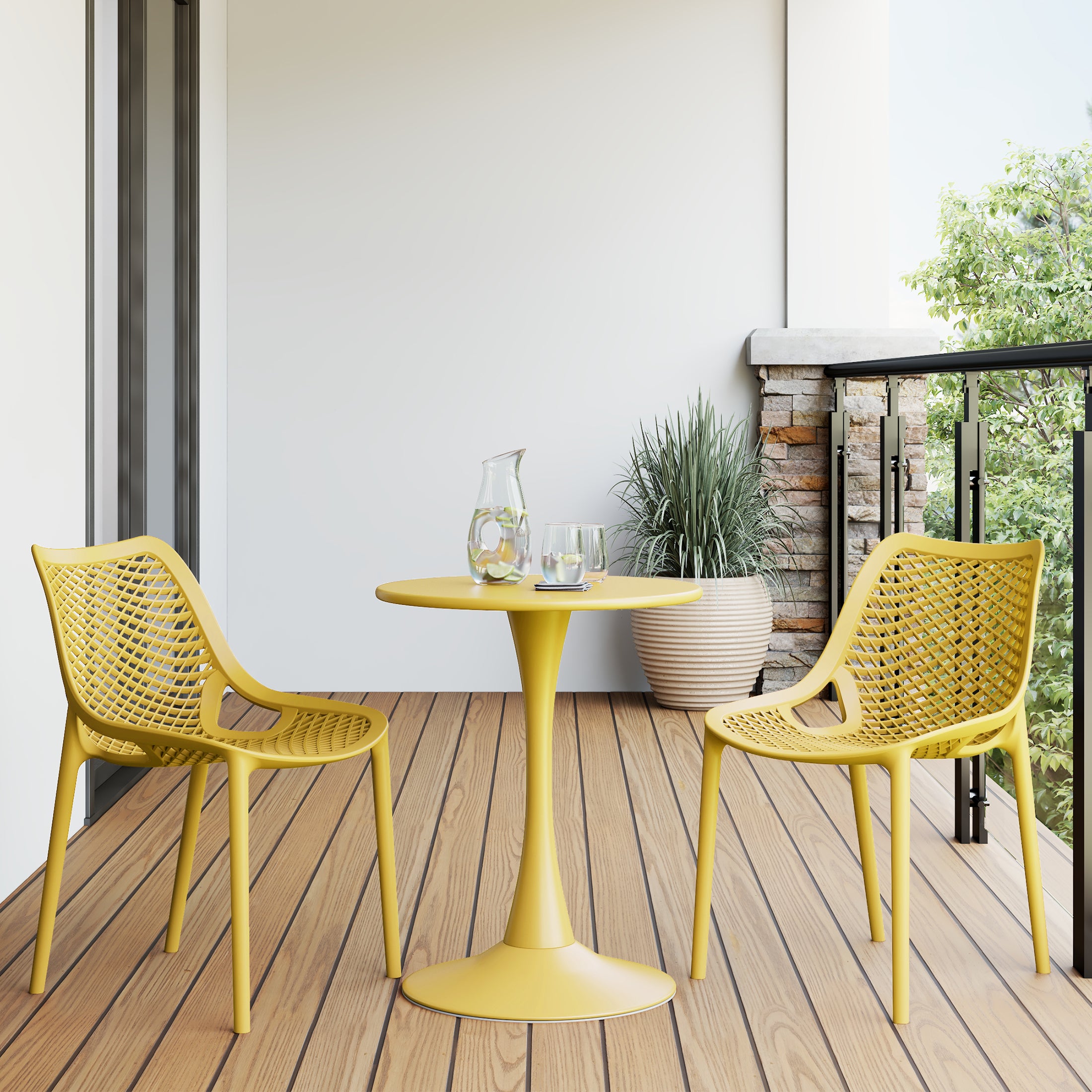 Playa 3-Piece Outdoor Round Metal Dining Table Set And Stackable Resin Patio Dining Side Chairs