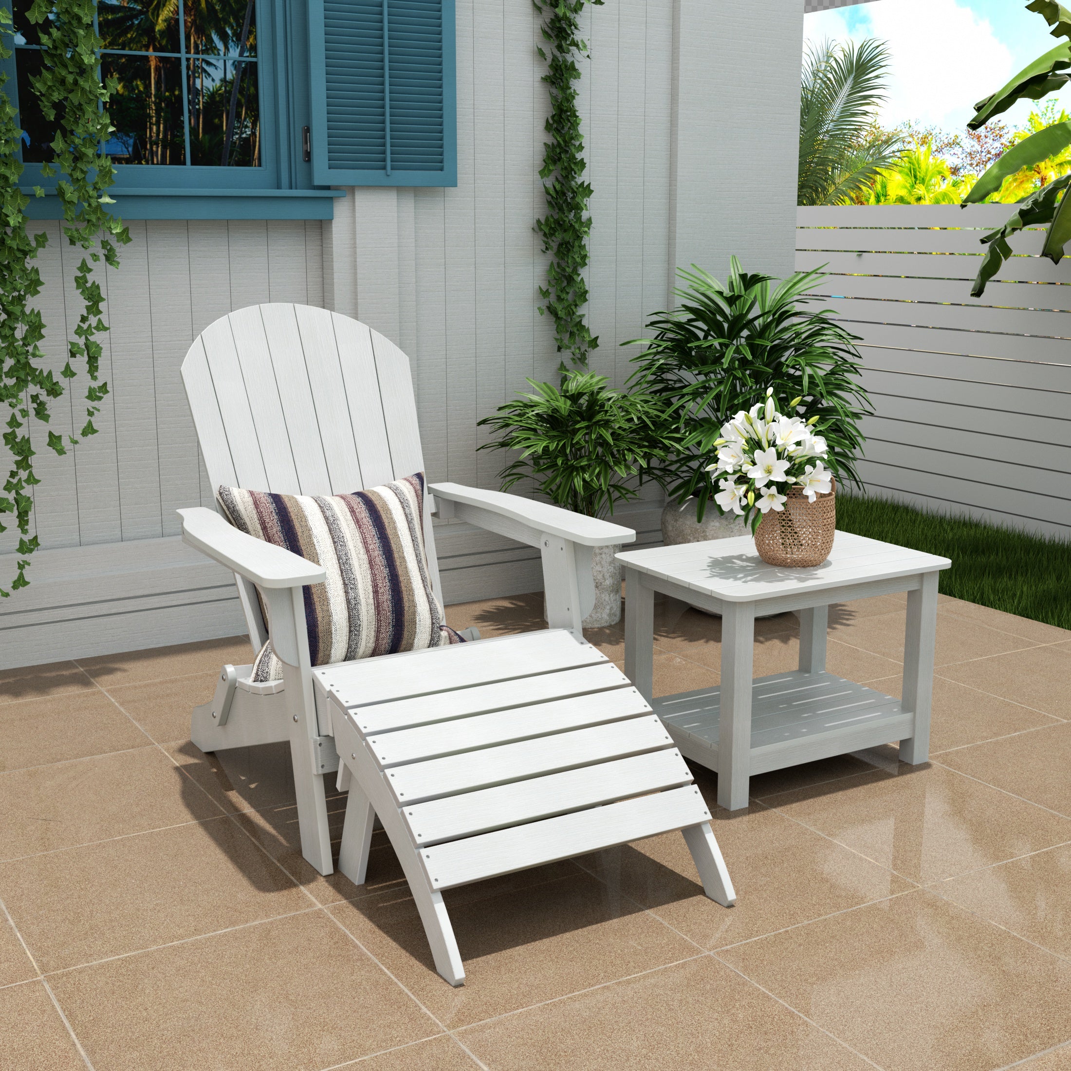 Tuscany 3-Piece HIPS Outdoor Folding Adirondack Seashell Chair With Folding Ottoman And Side Table