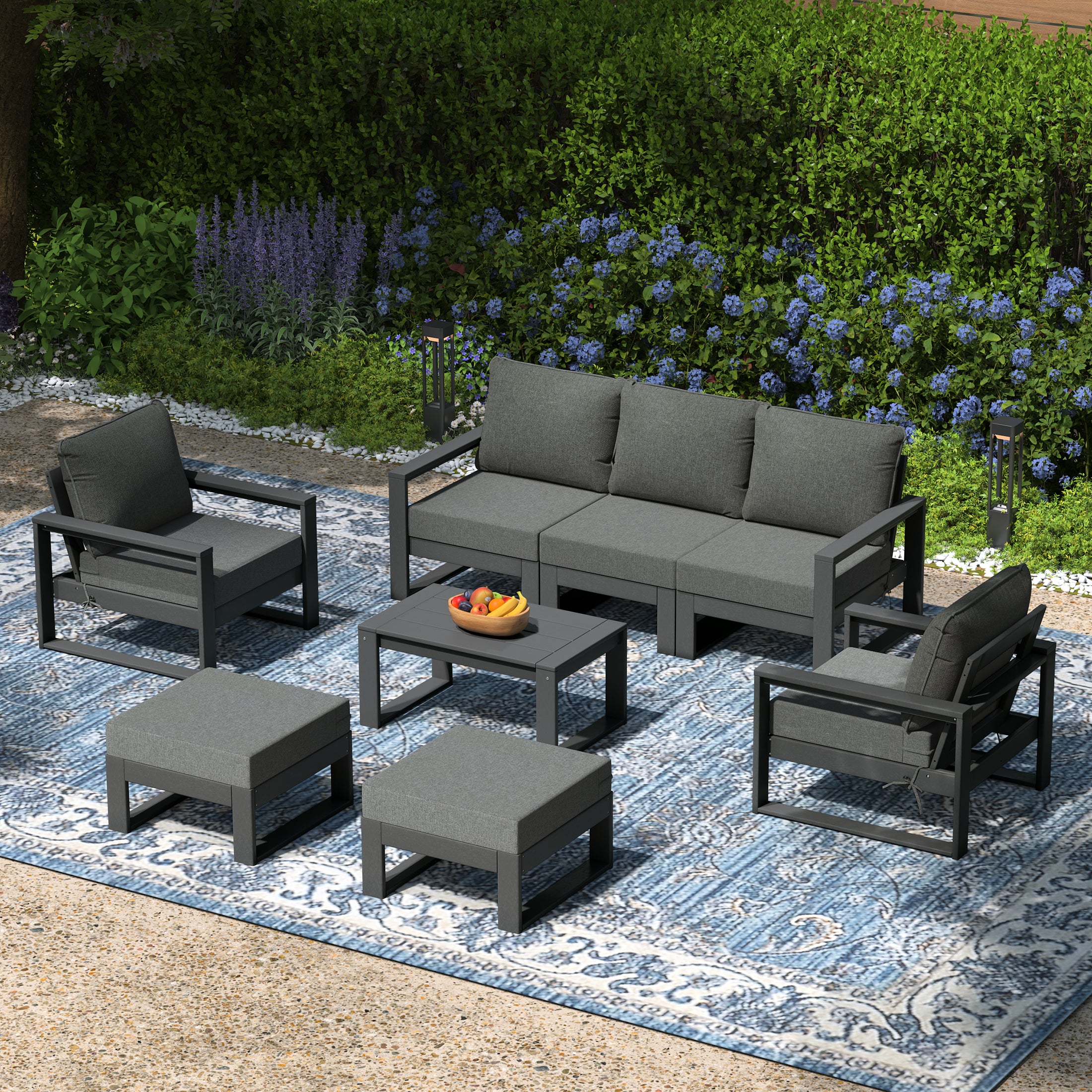 Montara 8-Piece Modern HDPE Outdoor Patio Furniture Conversation Set with Coffee Table and Ottomans