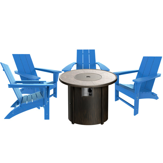 Ashore Modern Folding Poly Adirondack Chair With Round Fire Pit Table