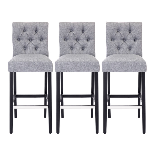 Hayes 29" Linen Fabric Tufted Bar Stool (Set of 3), Black