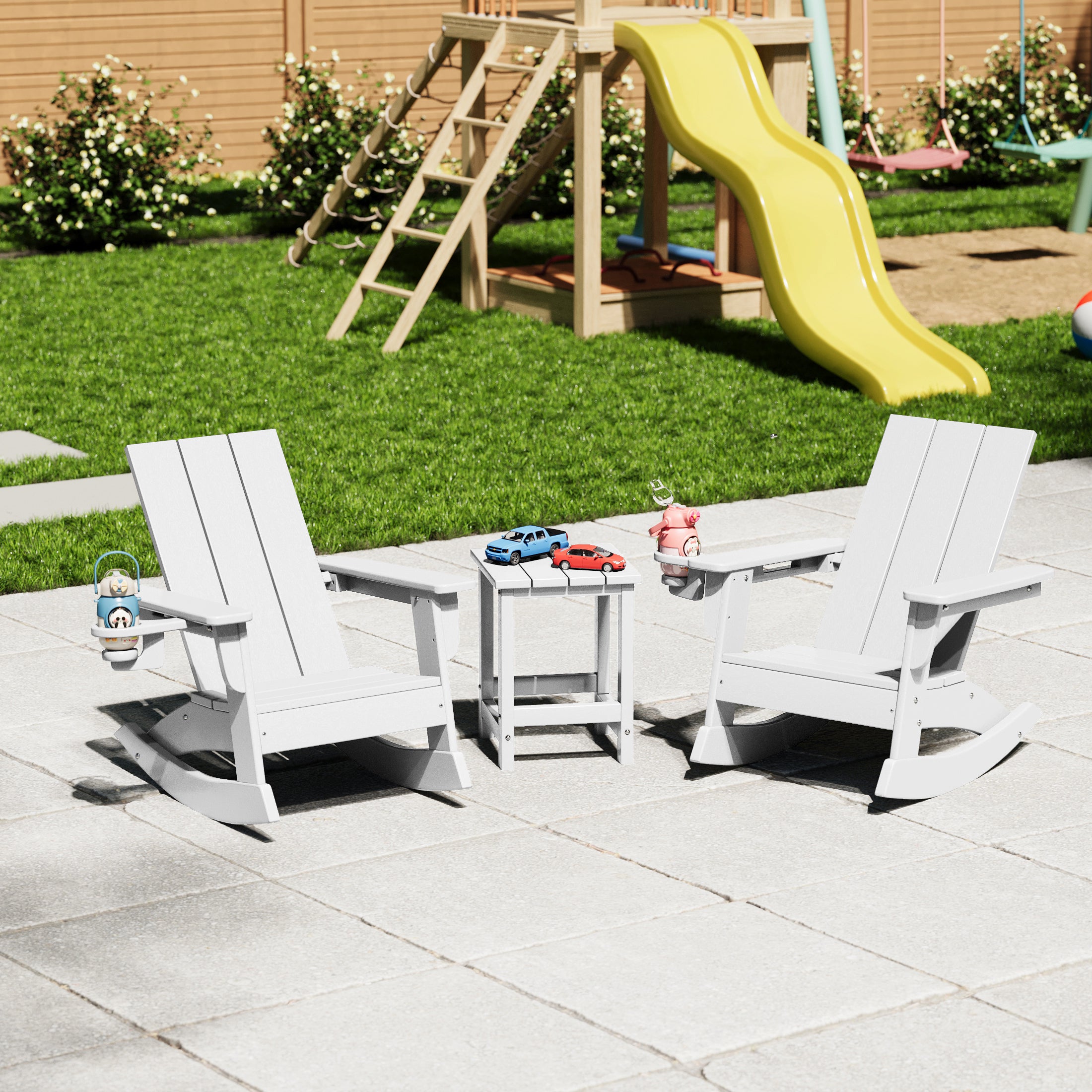 Ashore 3-Piece Kids Modern Rocking Chair With Cup Holder and Square Side Table Set