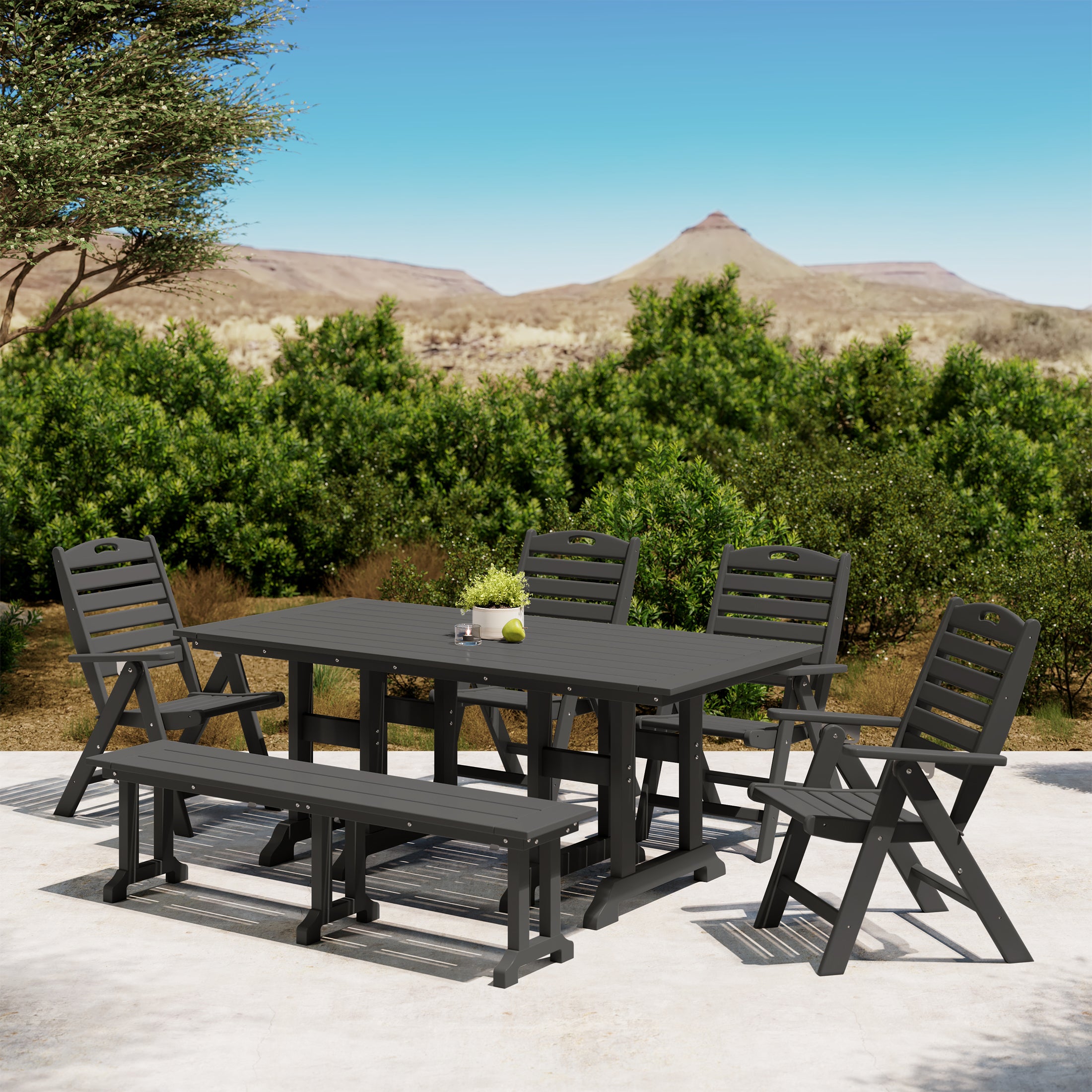 Malibu 6-Piece HDPE Rectangular Patio Dining Table Set with Foldable Chairs and Patio Bench
