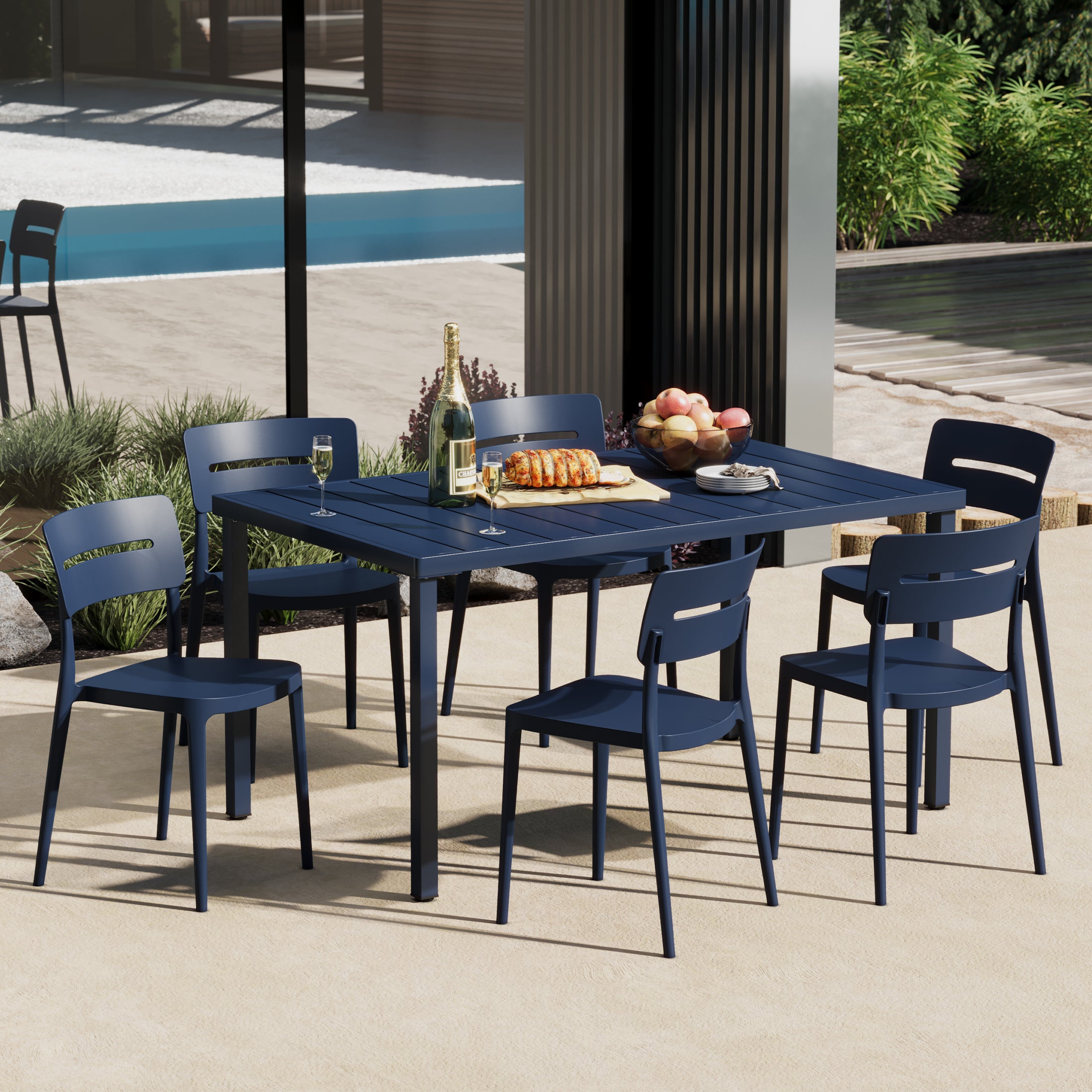 Playa 7-Piece Outdoor Rectangular Metal Patio Dining Table Set With Stackable Patio Chairs