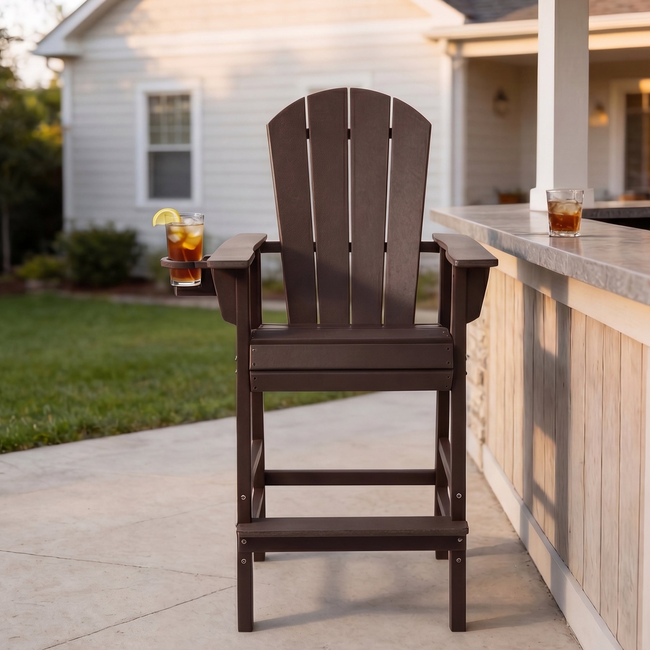 Malibu Outdoor HDPE Tall Adirondack Bar Height Chair With Cup Holder