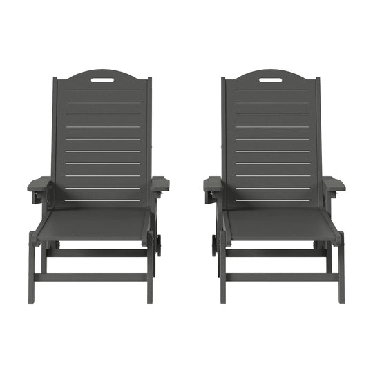 Aruba Outdoor HDPE Patio Chaise Lounges With Wheels & Cup Holder (Set of 2)