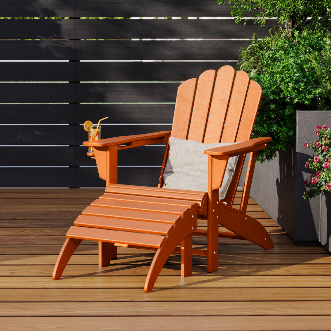Highland 2-Piece Outdoor Patio HDPE Adirondack Chair With Ottoman and Cup Holder Set