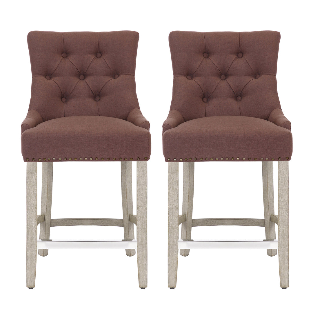 Hayes 24" Upholstered Tufted Wood Bar Stool (Set of 2), Antique Gray