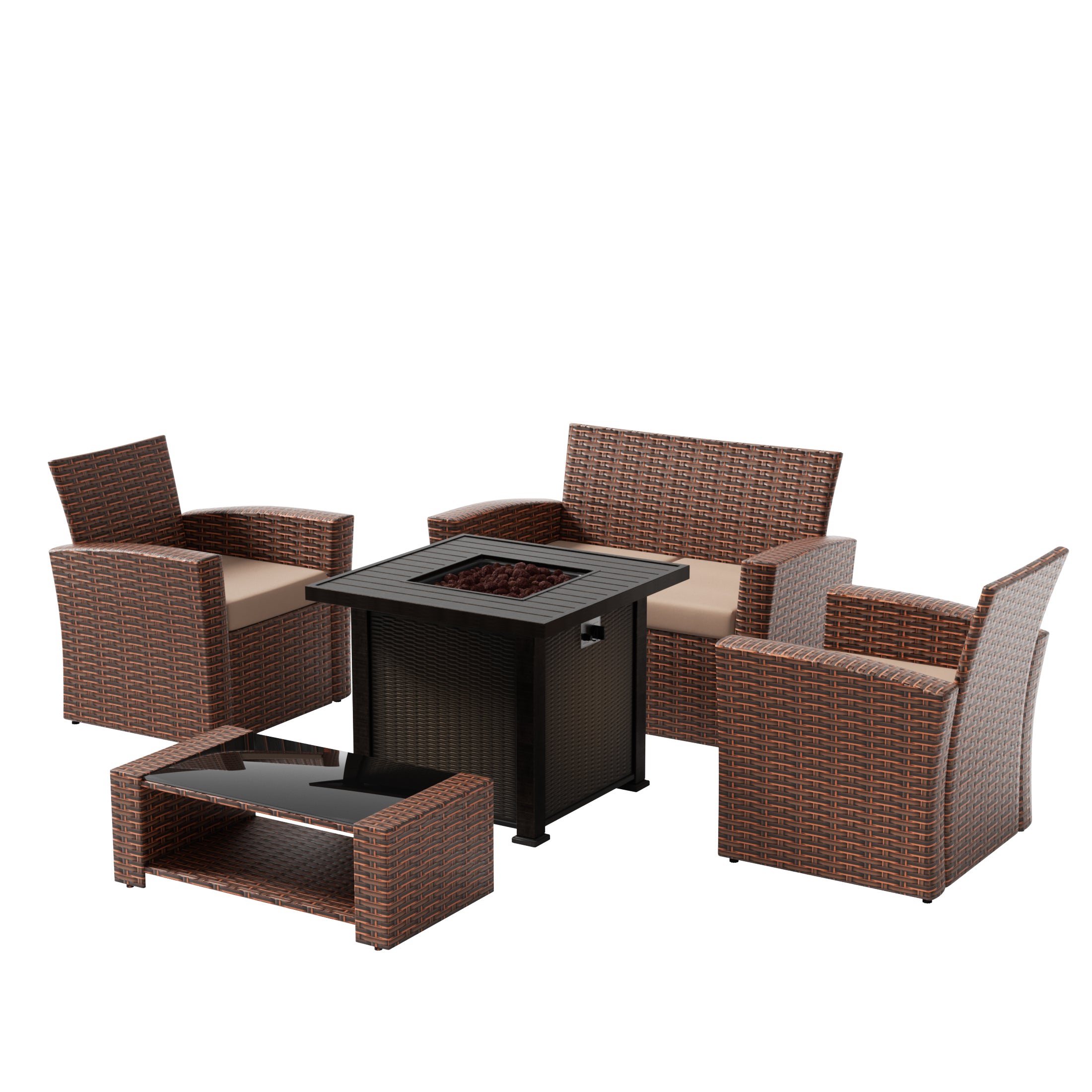 Coastal 4-Piece Conversation Outdoor Patio Sofa Set with Square Fire Pit Table, Brown