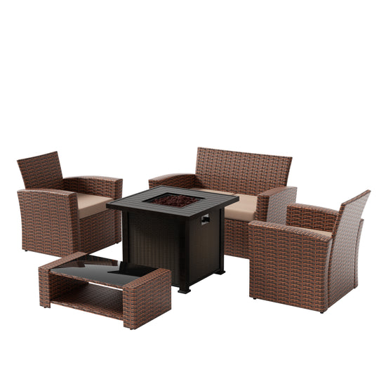 Coastal 4-Piece Brown Outdoor Patio Conversation Sofa Set with Square Fire Pit Table