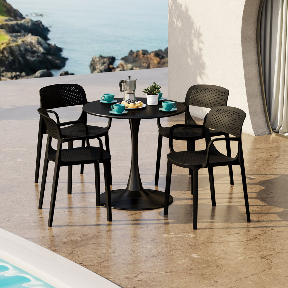 Playa 5-Piece Round Metal Bistro Dining Table Set And Stackable Resin Patio Dining Side Chairs