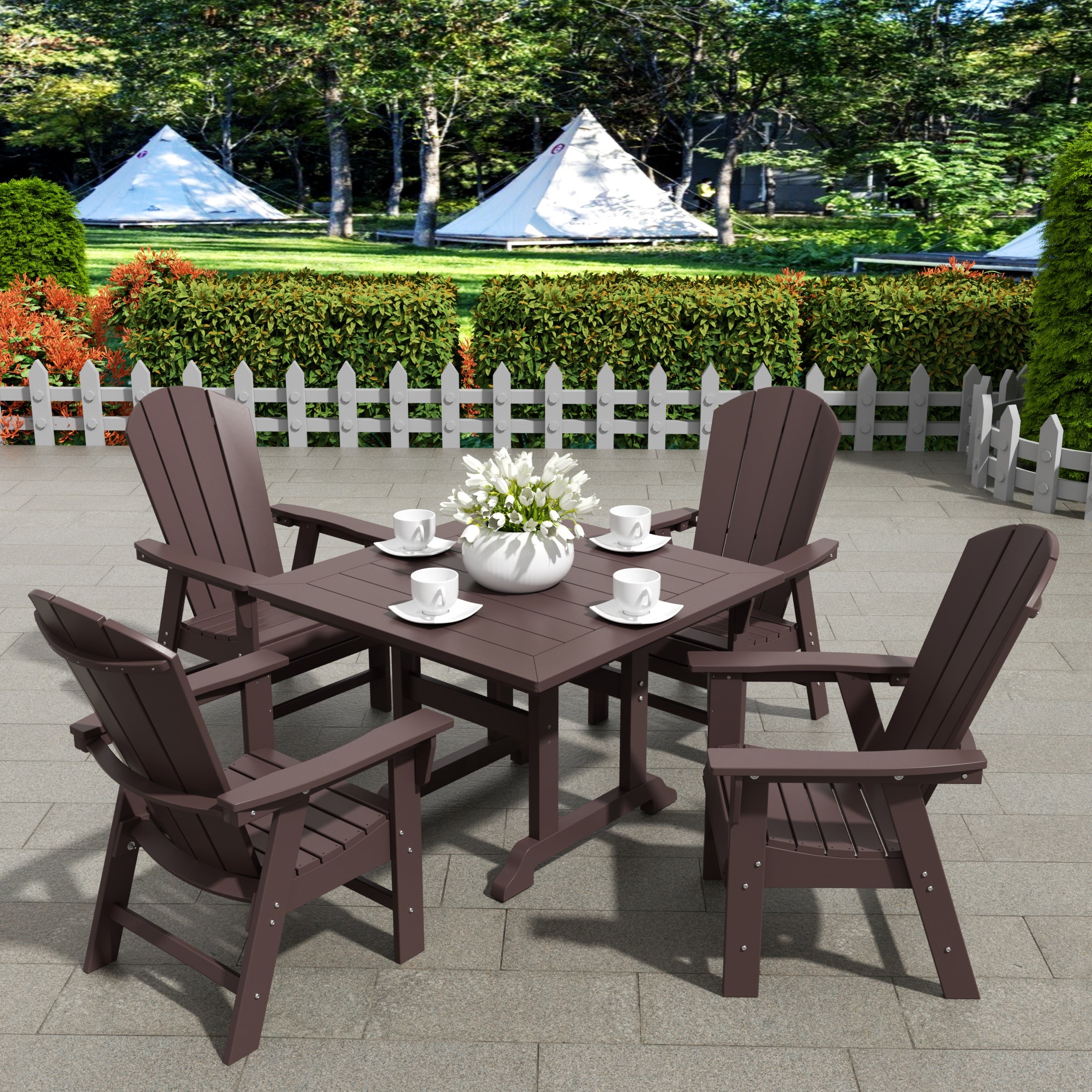 Malibu 5 Piece Outdoor Patio Dining Square Table and Curved Back Armchair Set