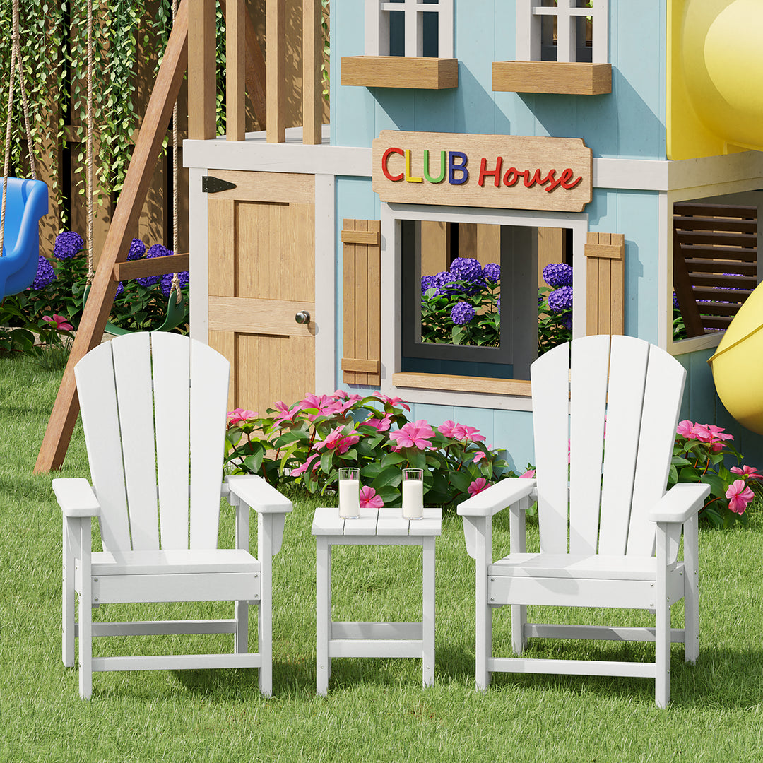 Malibu Kids 3-Piece Outdoor HDPE Adirondack Chairs With Square Side Table Set