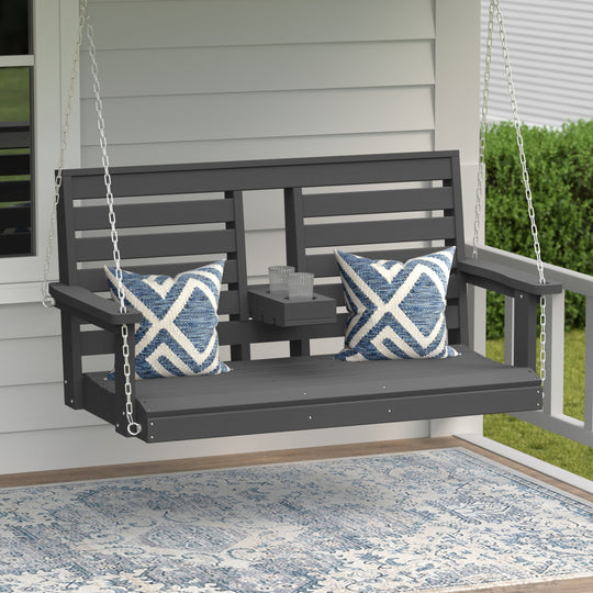 St Charles Outdoor HDPE 54" Front Hanging Porch Swing Bench With Cupholders