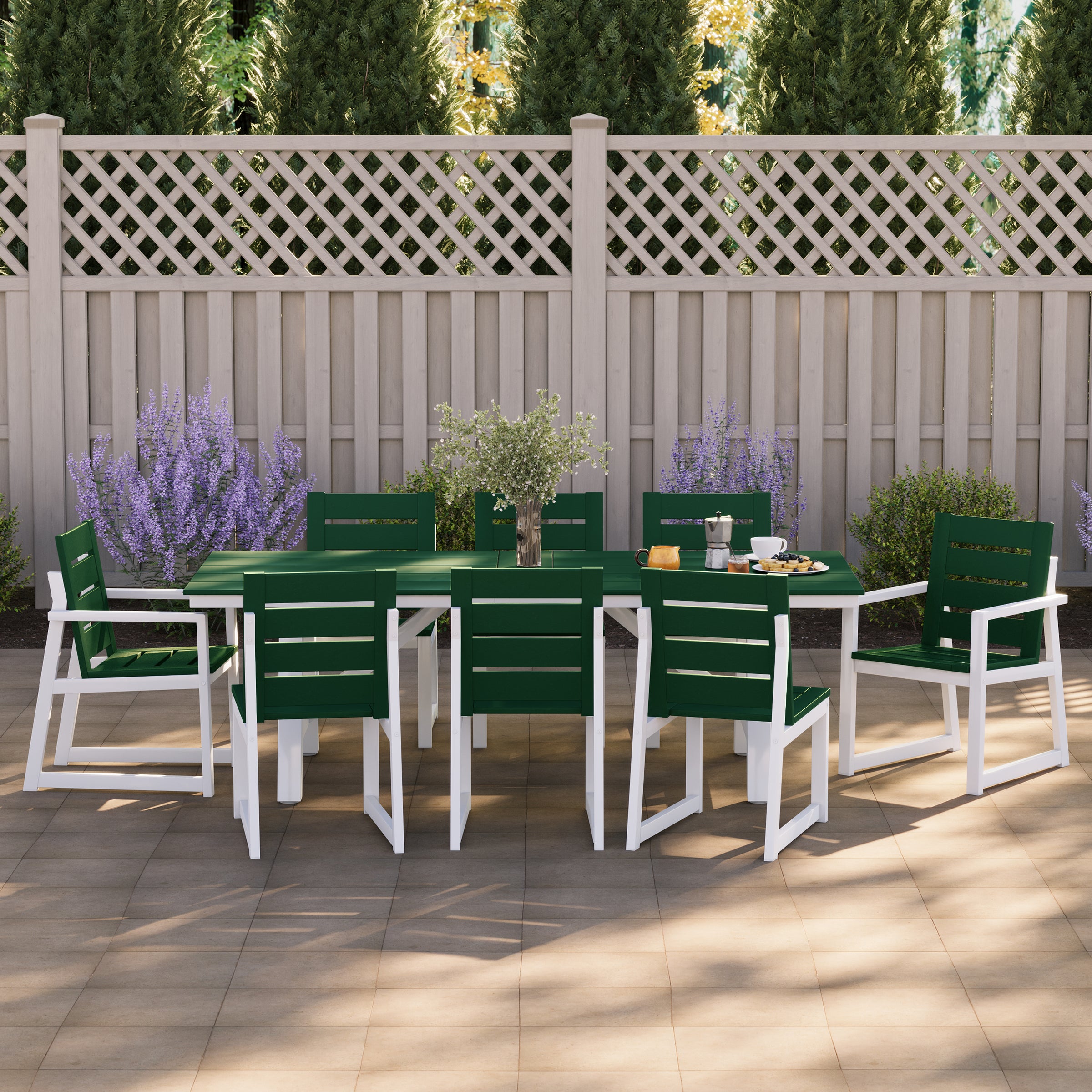 Cape May 9-Piece HDPE Outdoor Furniture Patio Dining Table With Umbrella Hole and Chairs Set For 8