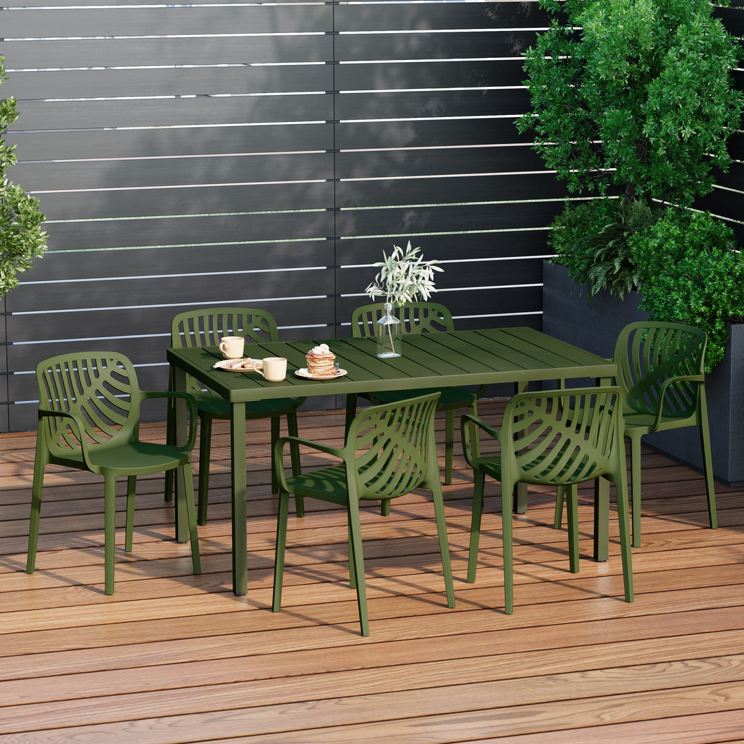 Playa 7-Piece Outdoor Metal Rectangle Patio Dining Table Set With Stackable Resin Patio Dining Chairs