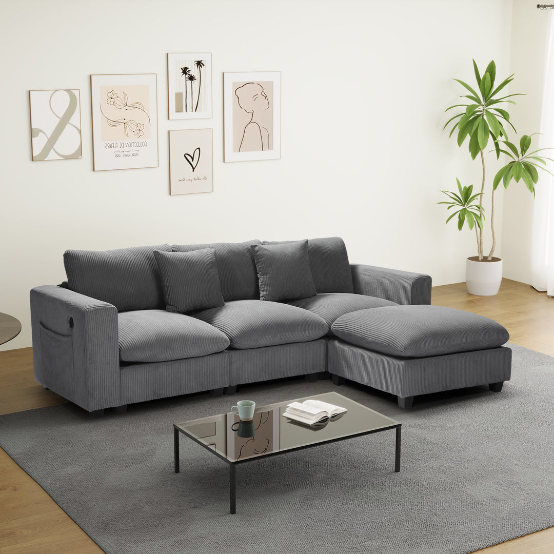 Hearthside 99" Modular Corduroy L-Shaped Sectional Sofa and Chaise With USB/Type-C Ports and Side Pockets