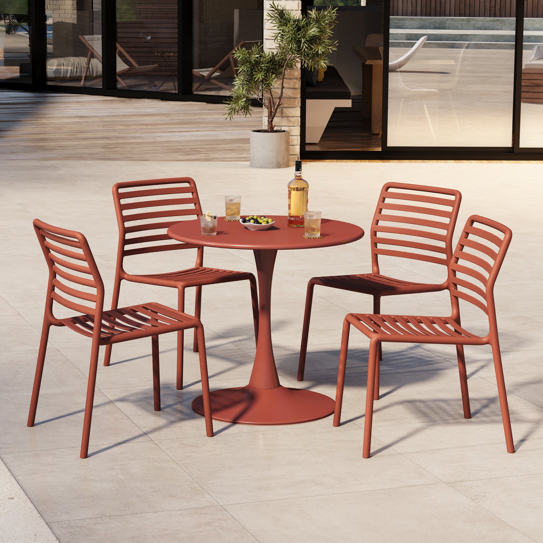 Playa 5-Piece Outdoor Indoor Metal Patio Dining Table Set With Stackable Plastic Patio Side Chairs