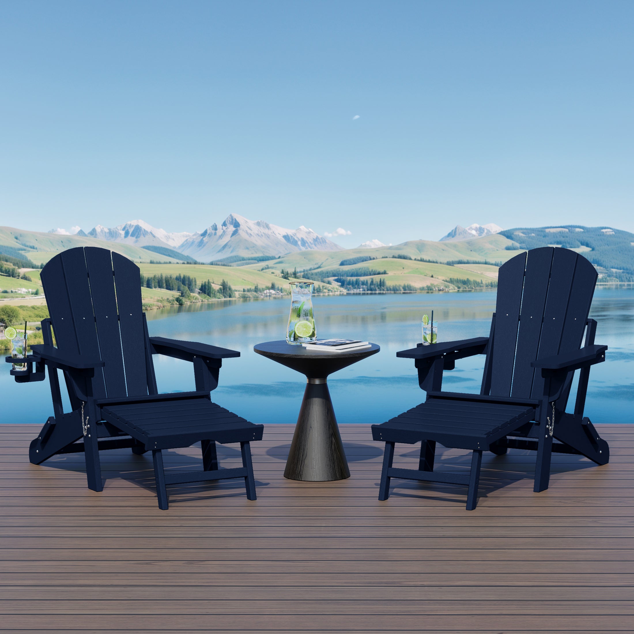 Malibu Folding Adjustable Adirondack Chair with Retractable Ottoman and Cup Holder (Set of 2)