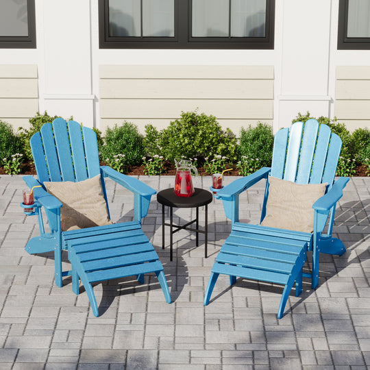 Highland 4-Piece Outdoor Patio HDPE Adirondack Chairs With Ottomans and Cup Holder Set