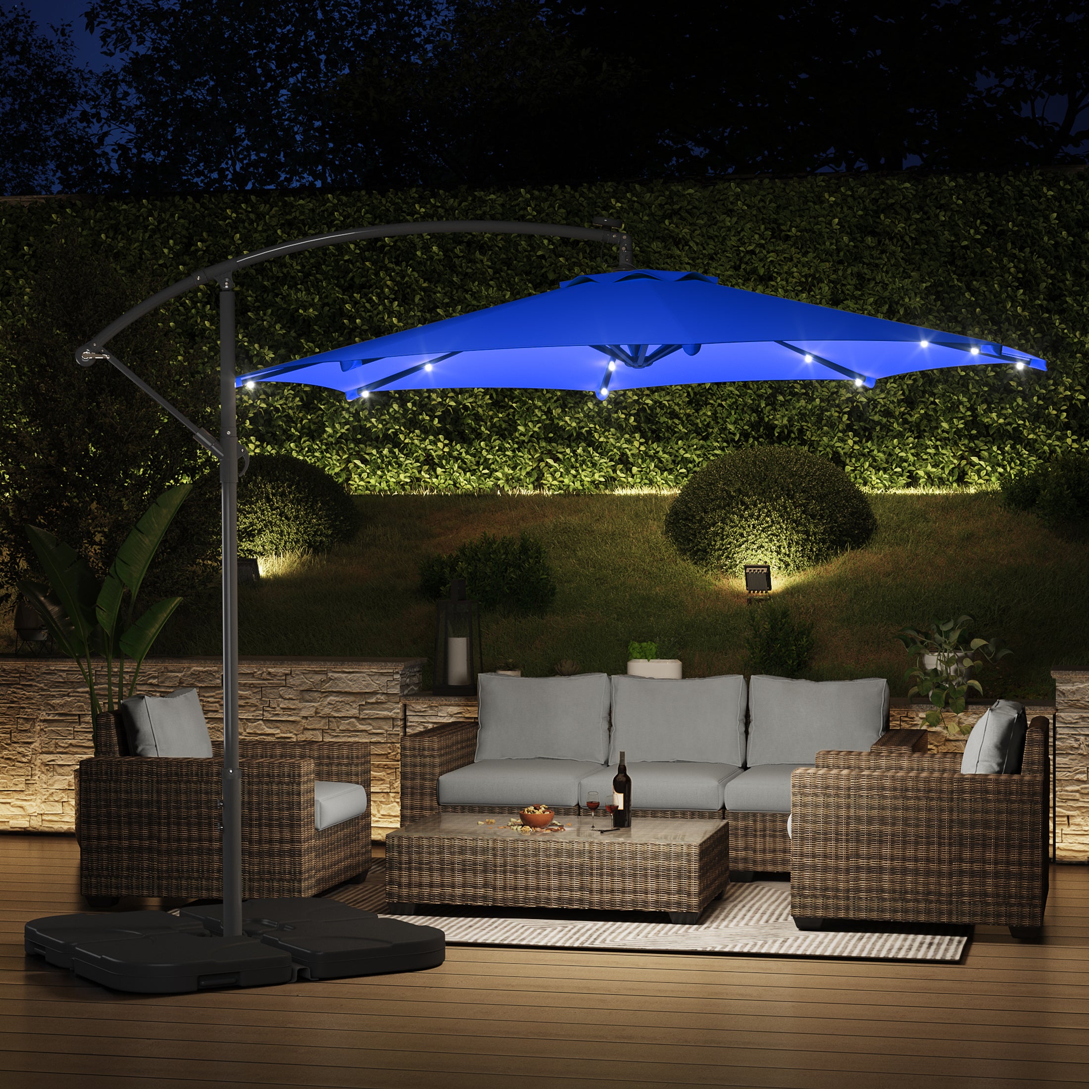 10-foot patio umbrella with solar lights 10 Feet Cantilever 32 LED and Panel Experience the finest in outdoor and patio shading with this 10 ft Pellebant 10 x 13FT Outdoor