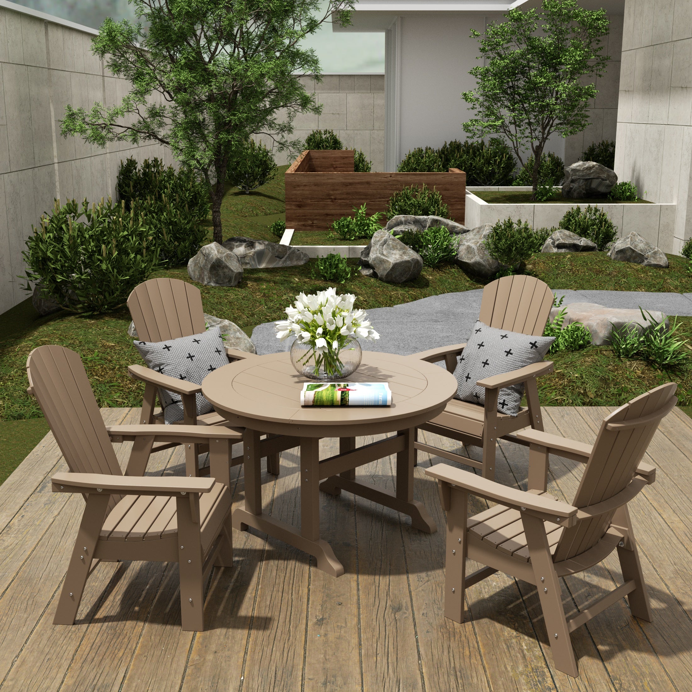 Dylan 5 Piece Outdoor Patio Dining Round Table and Shell Back Armchair Set