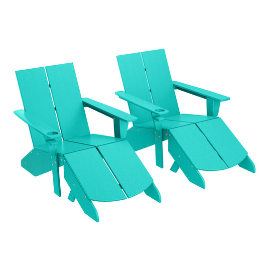 Riviera Outdoor 4-Piece HDPE Modern Adirondack Chairs Set with Folding Patio Ottomans and Cup Holder