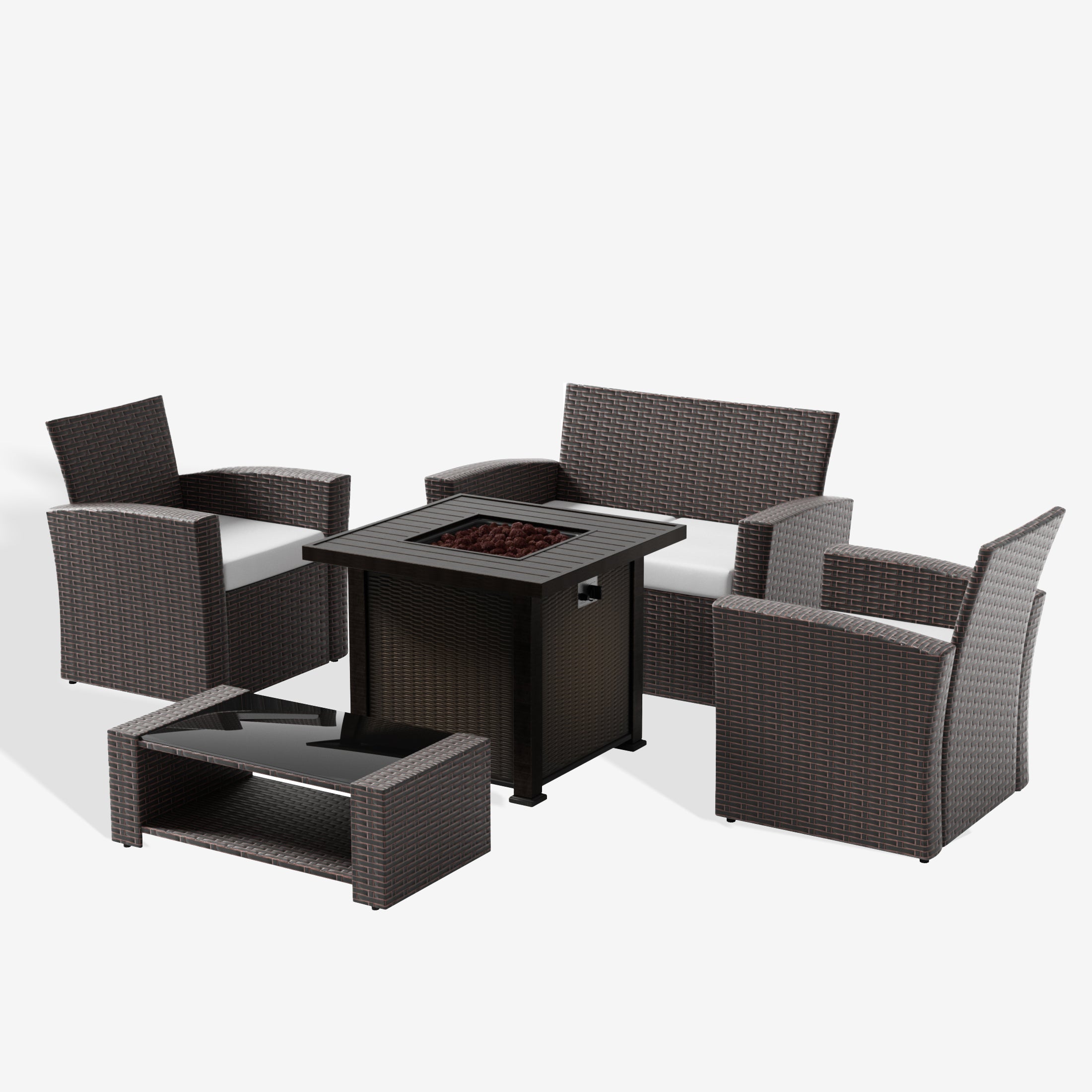 Coastal 4-Piece Conversation Outdoor Patio Sofa Set with Square Fire Pit Table, Chocolate
