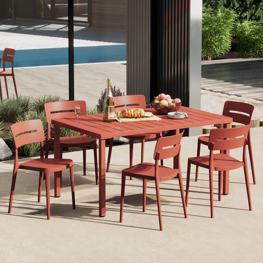 Playa 7-Piece Outdoor Rectangular Metal Patio Dining Table Set With Stackable Patio Chairs