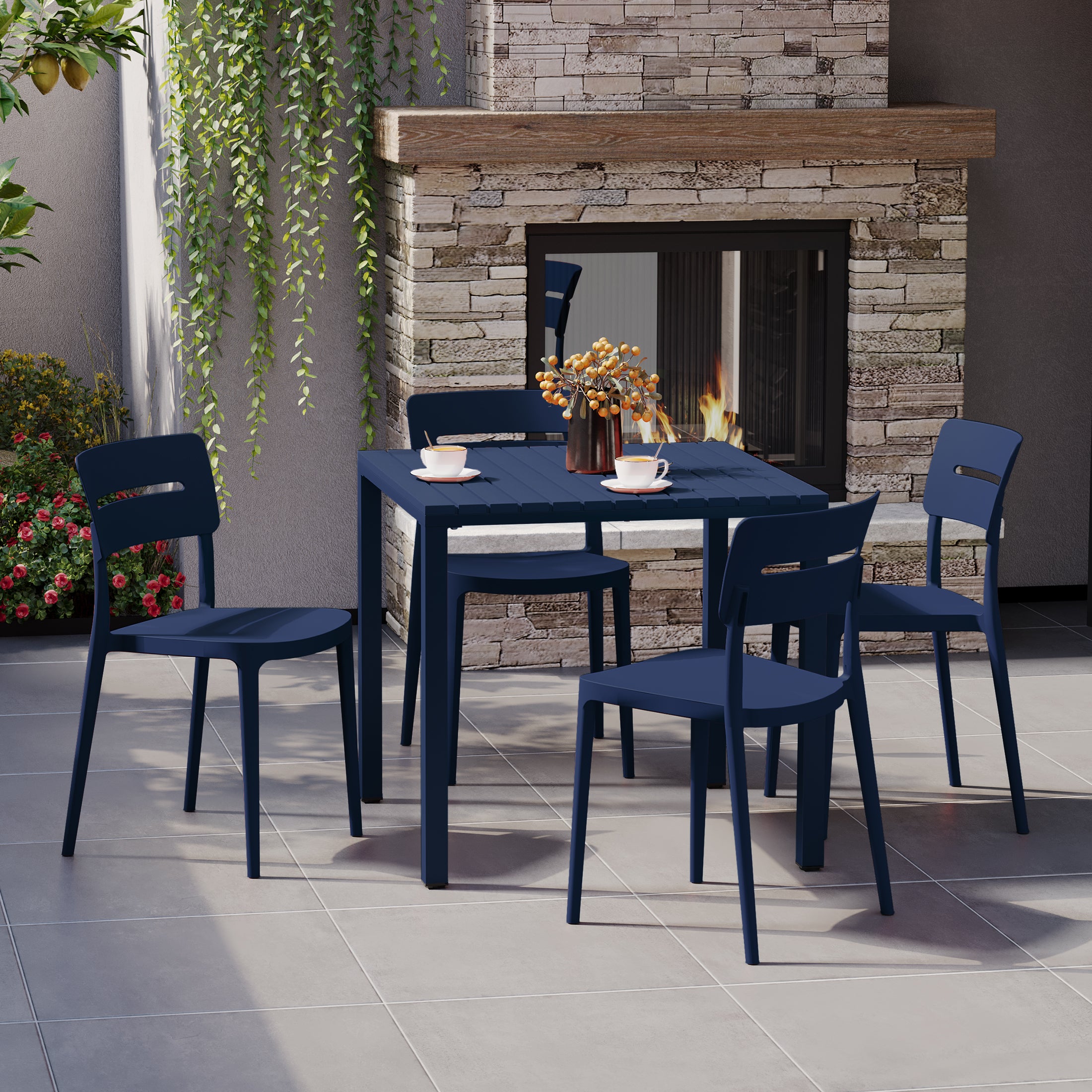 Playa 5-Piece Outdoor Metal Frame Dining Table Patio Set with Stackable Patio Dining Chairs